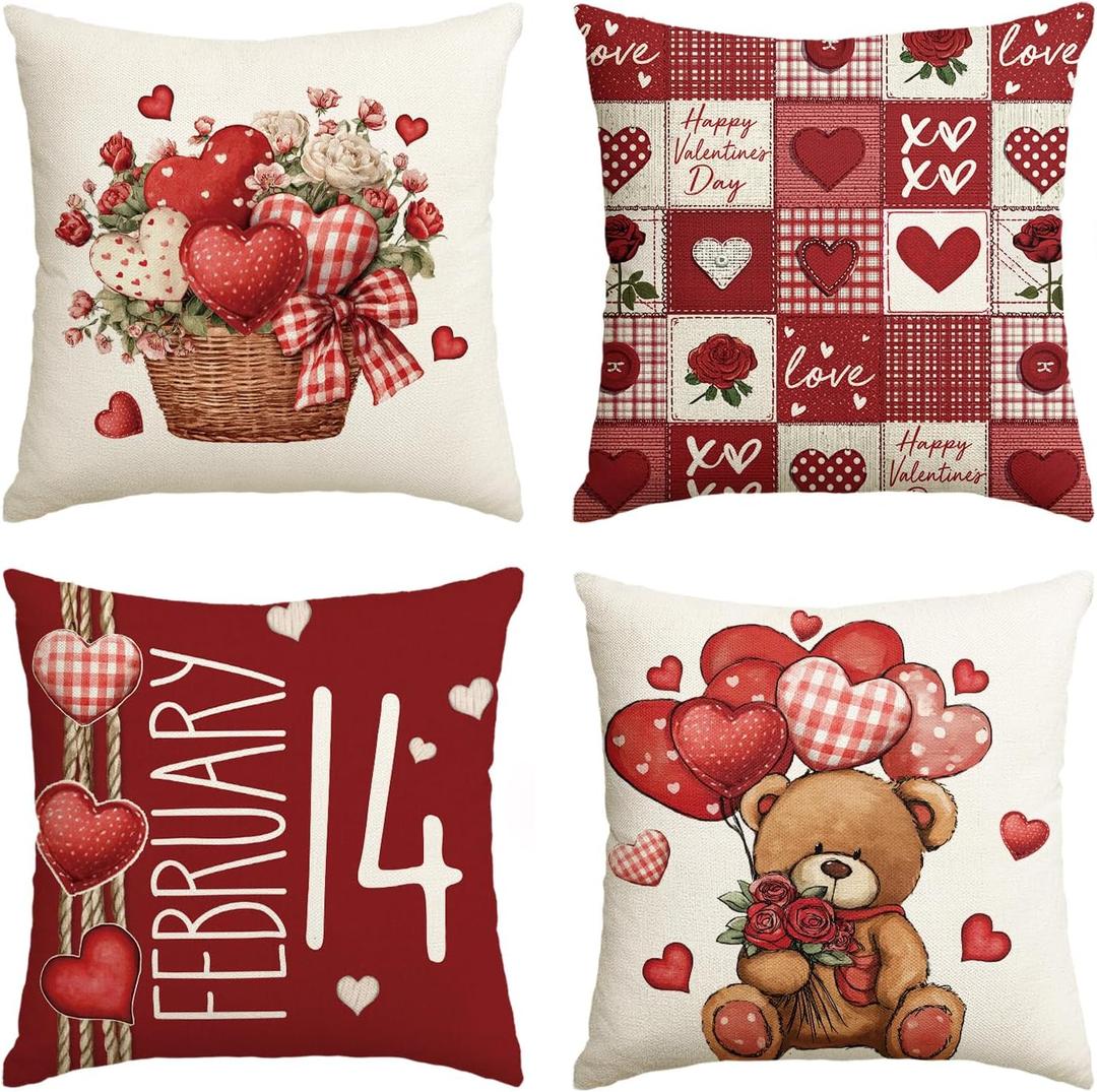 AVOIN colorlife Valentine's Day Heart Rose Basket Throw Pillow Covers, 18 x 18 Inch Balloon Bear Red Anniversary Wedding Cushion Case Decoration for Sofa Couch Set of 4