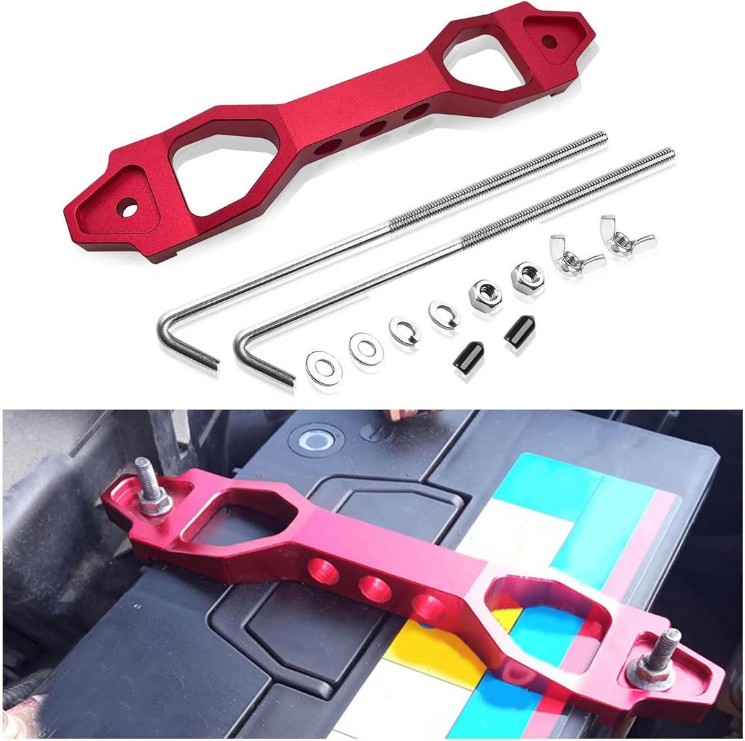 Battery Hold Down Sets, Automotive Crossbar Holder Lock Mount with Galvanized Iron J Bolts, Billet Aluminum Alloy Car Battery Tie Down Bracket, Car Accessories for Most Vehicles (Red)
