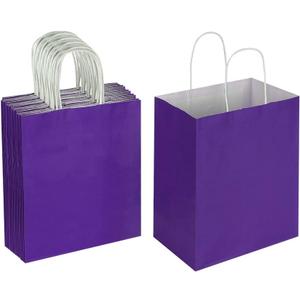 Oikss 50 Pack 8x4.75x10 Inch Medium Purple Kraft Paper Bags with Handles Bulk for Birthday Wedding Party Favors Grocery Retail Shopping Takeout Business Goody Craft Gift Bags Sacks, (50pcs Count)