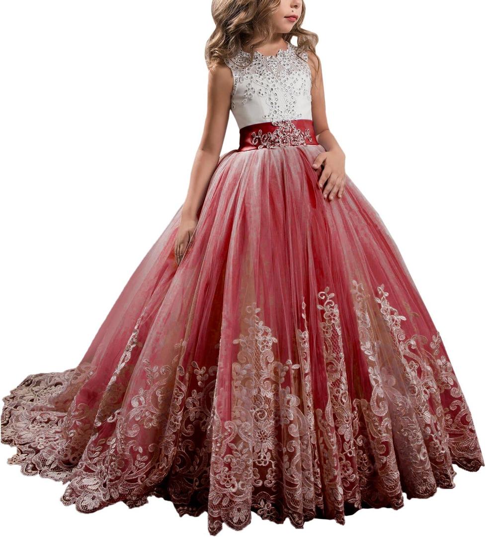 Princess Lilac Long Girls Pageant Dresses Kids Prom Puffy Tulle Ball Gown (Pink) One Size