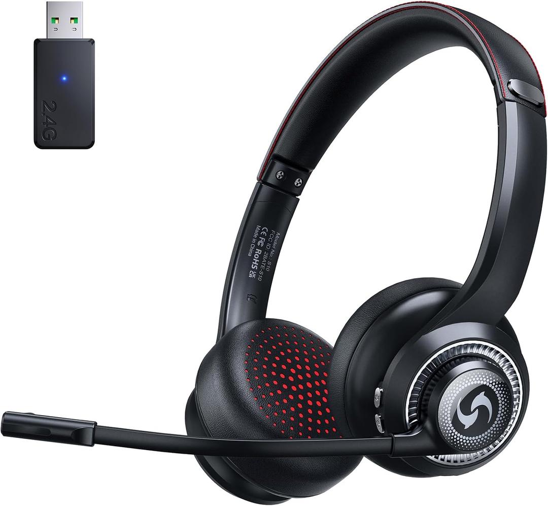 Wireless Headset with Mic for Work, Dual-Mode Bluetooth & 2.4GHz Dongle, 50H Talk Time, Headphone with mic ENC Noise Cancelling fit for Computer/Laptop/Teams, Glasses-Friendly- Black