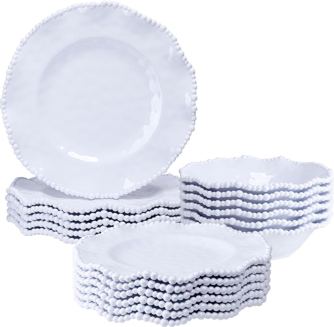 White Beaded Melamine Dinnerware Set, 18 piece Dishwasher Safe Plates and Bowls for Dining, Parties, Camping Dish Set