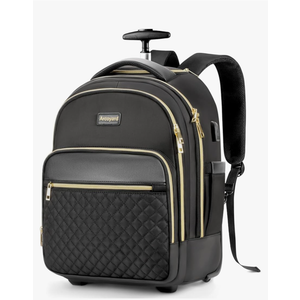 Small Rolling Backpack for Women, Lightweight Travel Backpack with Wheels, Roller Backpack for Adults, Water Resistant Rolling Laptop Bag, Wheeled Underseat Carry On Luggage, Black Gold