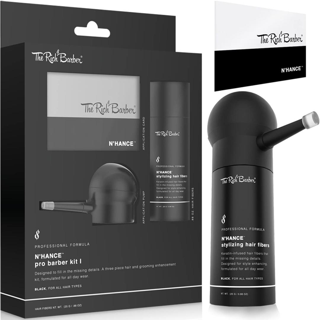 The Rich Barber N'Hance Pro Barber Kit I  Professional 3in1 Hair & Beard Styling Set  KeratinInfused Hair Building Fibers, Applicator Pump, Application Card  Hairline Enhancer & Volumizing Spray