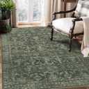 Washable Area Rug 4x6 Green Rugs for Living Room, Vintage Boho Large Rug for Bedroom Dining Room Office, Distressed Floral Print Carpet for Under Table, Soft Non Slip Low Pile Throw Carpet Indoor Mat