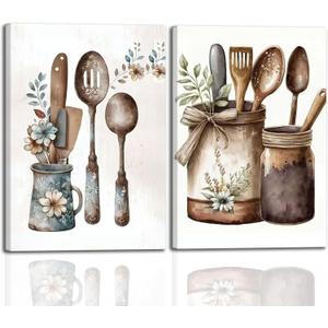 2 pcs Vintage Country Kitchen Wall Art Kitchenware Still Life Painting Decor Rustic Farmhouse with Cutlery and Jars Illustration Decors Painting for Kitchen Dining Room Living Room 12x16Inch Framed