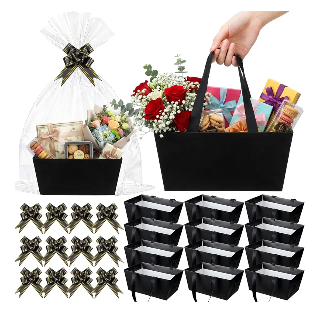 Funnymoom 12 Pcs Wedding Black Basket for Gifts Empty with Cellophane Bag & Ribbon Bow Classic Novel Black Wrapping Gift Basket for Spring Graduation Birthday Party Favor Supplies 9.8 x 6.5''