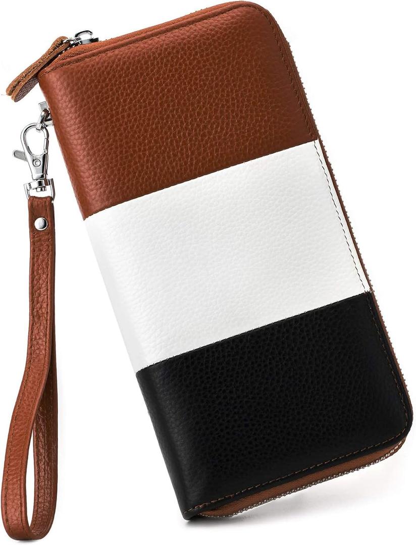 Moflycom Womens Wallet RFID Blocking Genuine Leather Multi Credit Card Large Capacity Zip Around Clutch Travel Purse Wristlet (Brown/White/Black)