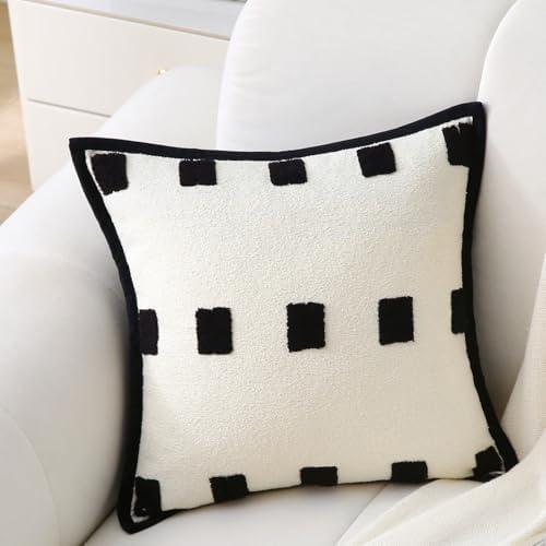 WHATWEARS Boho Decorative Throw Pillows with Inserts, 18" x 18" Soft Tufted Modern Chenille Pillow, Pillows for Home, Patio, Couch, Bedroom, Living Room (Black Square - White Background)