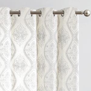 jinchan Boho Linen Curtains for Living Room Embroidered Design Window Curtains Light Filtering Flax Linen Blend Window Treatments Set for Bedroom Grommet Top 2 Panels 84 Inch Length Grey on Ecru