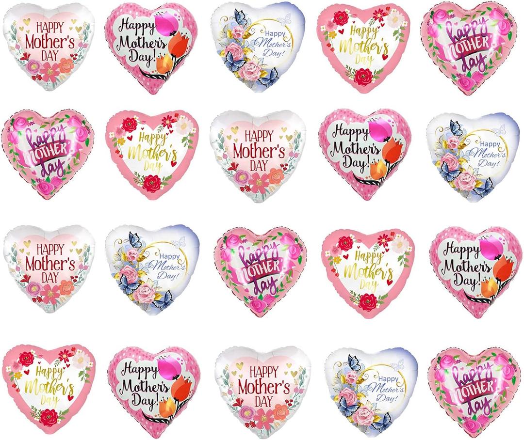 KIPETTO Happy Mother's Day Balloons 20Pcs 18inch Aluminum Foil Balloons Heart Balloons for Mother's Day Birthday Party Decorations