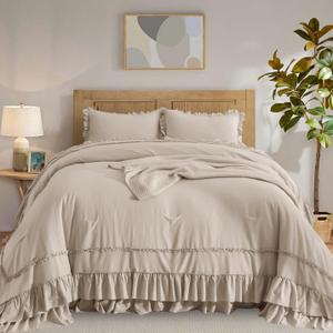 CozyTide Ruffled Oversized Comforter King Size 120x120,Cotton Farmhouse Shabby Boho Chic Ruffle California King Bedding Comforter Set French Country Rustic Bedding Ultra Soft (4-linen)