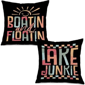 Retro Lake Pillow Covers 18x18 Set of 2, Lake House Decor for Home, Boatin' and Floatin' Nautical Decorative Throw Pillow Covers for Home Cabin, Gifts for Lakes Lovers Women