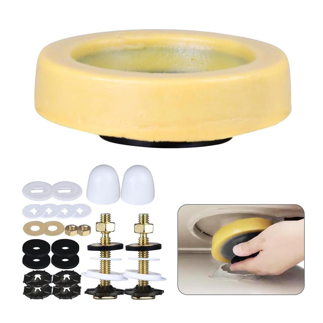 Jamini Wax Ring Kit for Toilet Installation, Compatible with 3" and 4" Drain Pipes, Fits Above-Floor or Horizontal Flanges, Leak Prevention, Includes Brass Bolts, Nuts, Washers, Easy to Install