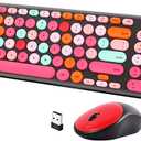 Wireless Keyboard and Mouse Combo, Retro Typewriter Keyboard with Round Keycaps, 2.4GHz USB Cute Wireless Keyboard Mouse for Computer, Desktop, Laptop and Computer (BlackColorful)