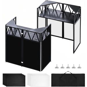Portable DJ Booth Facade Stand, Foldable DJ Table 40" x 20" x 45" Tabletop, DJ Facade Station for DJ Controller, Mixer & LaptopEvents&Parties Includes Carry Bag&Two Metal Corner Tables