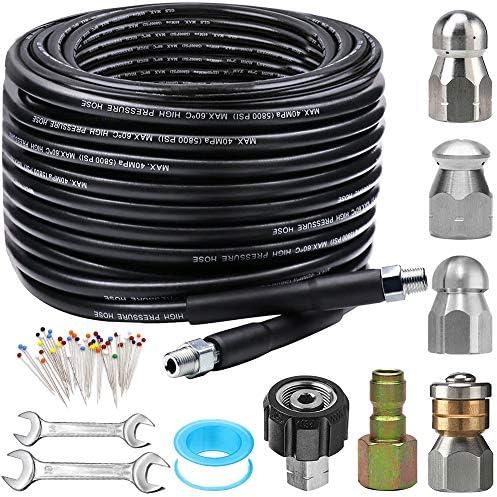ZOFINE Sewer Jetter Kit for Pressure Washer 100FT, 5800PSI Drain Cleaner Hose 1/4 Inch NPT Corner, Rotating and Button Hose Sewer Jetting Nozzle Pearl Corsage Pin Waterproof Tape with 2 Spanner