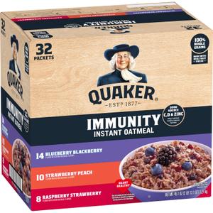 Quaker Immunity Instant Oatmeal, 3 Flavor Variety Pack, Good Source of Vitamins C, D, & Zinc, Whole Grains, No Artificial Flavors, No Colors from Artificial Sources, 1.41 oz Packets, (32 Pack) Best by: Jun 03, 2025