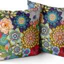 Snycler Boho Floral Throw Pillow Covers Set of 2 Colorful Boho Flower Decorative Cushions Pillowcase for Bedroom Sofa Home Decor, 24x24 Inch, Velvet, Short Plush