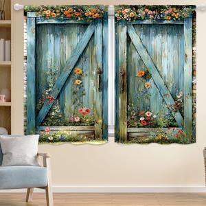 Farmhouse Barn Door Window Curtains 63 inches Long, Rustic Teal Wooden Panels, Vintage Boho Flower Window Treatment Curtain, Retro Country Drapes for Window (2 Panels, 84 inches Wide)
