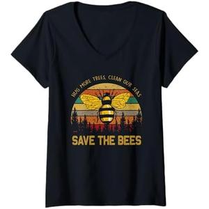 Womens Hug More Trees Clean Our Seas Save The Bees Vintage Earth V-Neck T-Shirt XL Gray
