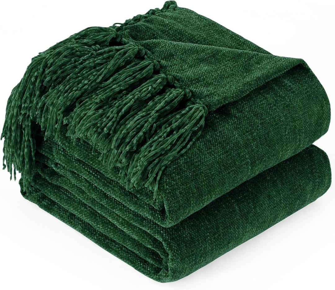 Chenille Throw Blanket for Couch with Tassels,50"X60" Soft Cozy Lightweight Knitted Boho Decorative Blankets for Bed and Sofa,Dark Green