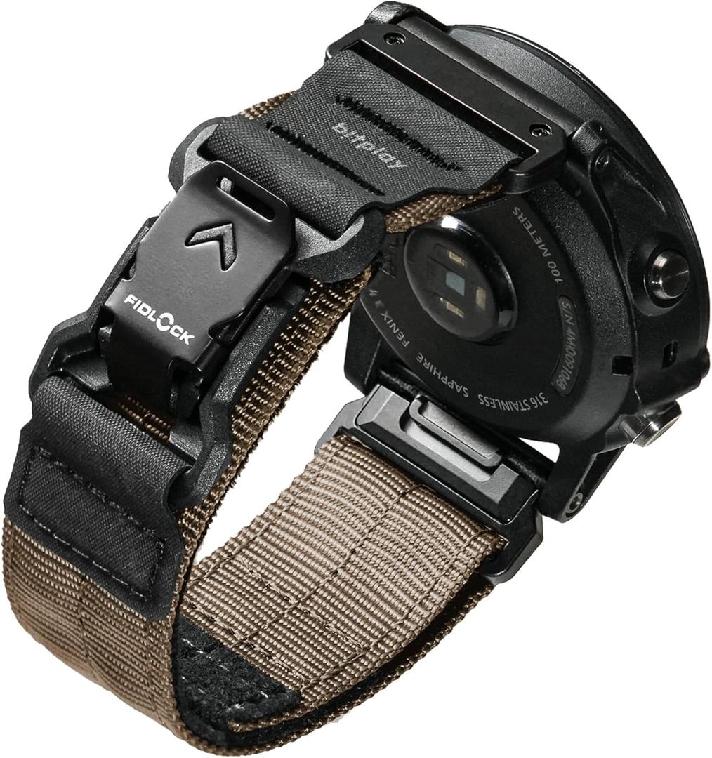 bitplay QuickFit Watch Band 22mm / 26mm  Magnetic Fidlock Buckle, Reinforced Nylon & Hypalon Strap, Compatible with Garmin Forerunner, Instinct, Quatix Series (Sand)