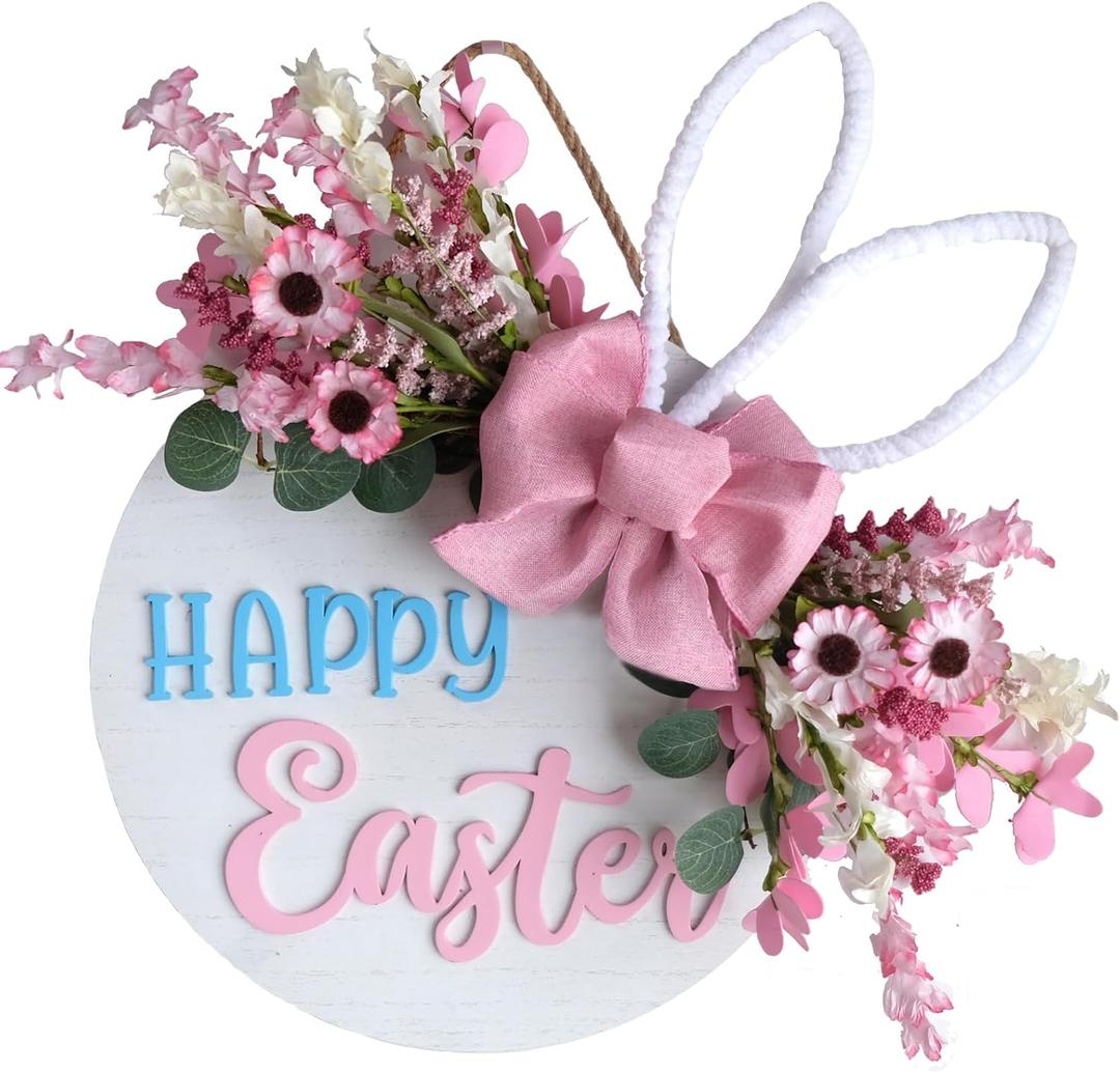 Idyllic Easter Wreaths for Front Door, 16" Spring Pink Flower Wreath with Happy Easter Sign for Spring Summer Porch Window Wall Farmhouse Decor