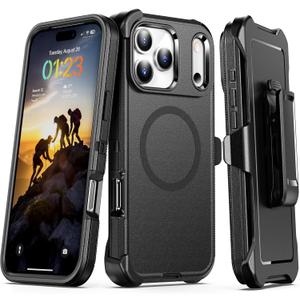 Compatible with iPhone 17 Pro Case with Belt Clip Holster, 2X Screen Protector, Shockproof, Compatible with MagSafe, 3-Layer Drop Protection, Heavy Duty Magnetic Phone Case Cover, 6.3", Black