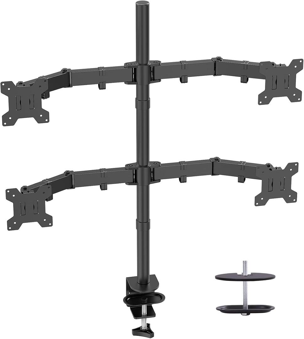 Black Quad Monitor Arm Mount for 13-27 Inch Screens | Ultrawide Screens Up to 34 inch Fully Adjustable Stand with C-Clamp/Grommet Base Max VESA 100x100 Each Screen Capacity 22lbs