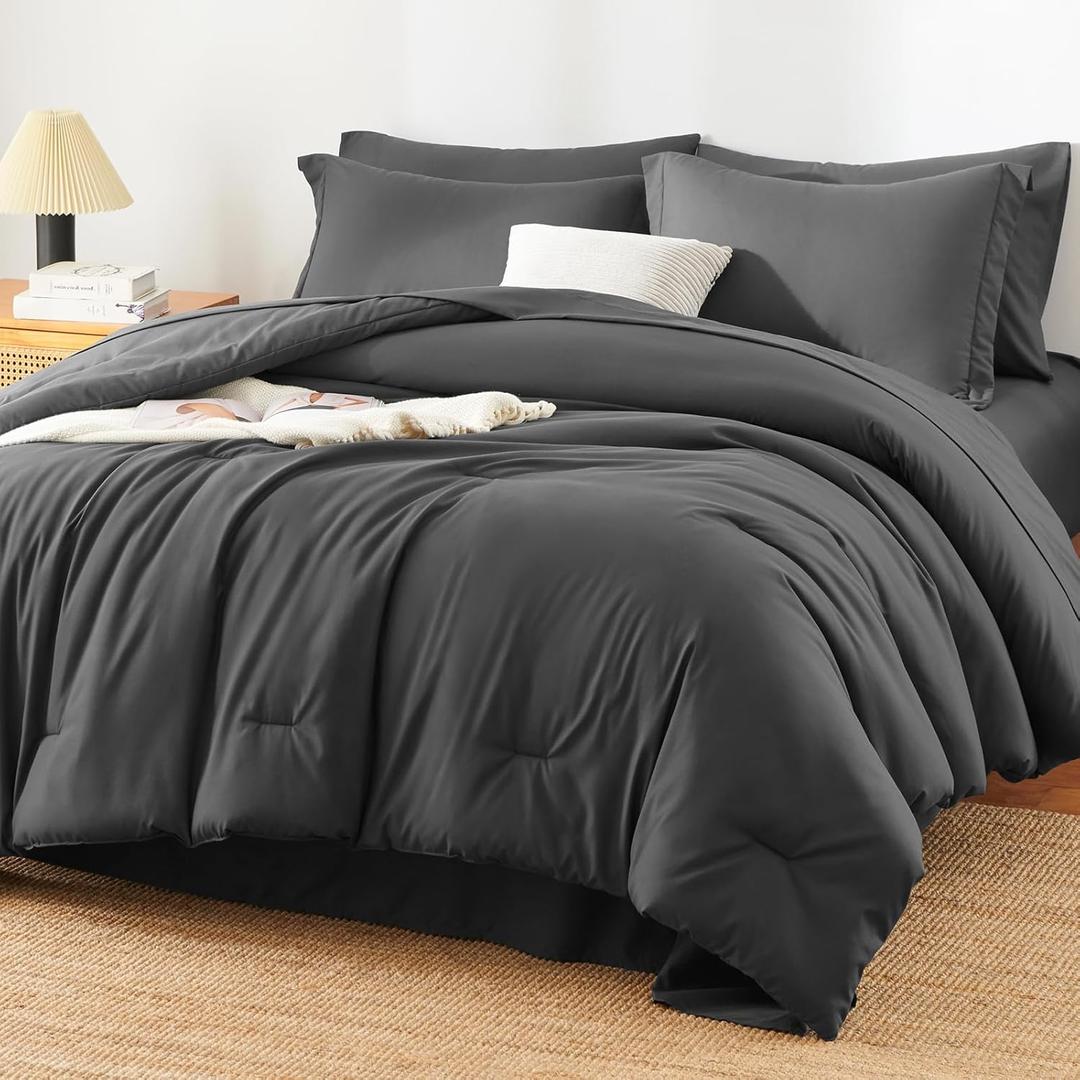 HIMEET King Size Comforter Set - 7 Pieces Bed in a Bag King, Luxury Comforter Set with Sheets for All Season, Bed Set with Comforter, Flat Sheet, Fitted Sheet, Pillowcases & Shams, Dark Grey