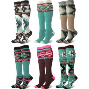 6 Pairs Cowgirl Boot Socks Western Aztec Cowboy Knee High Sock for Women Western Outfits Accessories Christmas Gift