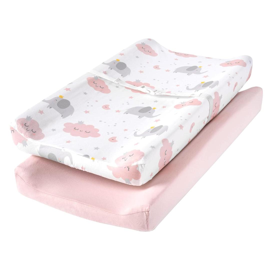 TILLYOU Changing Pad Cover Set in Soft Jersey Material, Contoured Pad for Babies,Elephant & Cloud, Pink, Size: 32*16*8 Inch