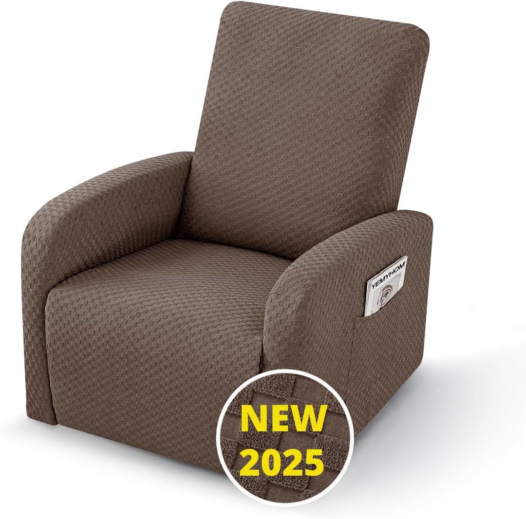 YEMYHOM 3 Pieces Stretch Recliner Slipcover Latest Jacquard Small Recliner Chair Cover with Side Pocket Anti-Slip Fitted Furniture Protector with Elastic Bottom (X-Small Recliner, Light Coffee) (Small 1 Seater)