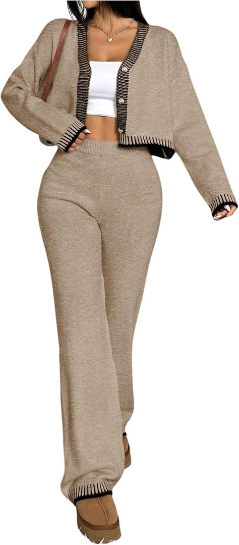 WDIRARA Women's Contrast Trim 2 Piece Outfit Button Down Crop Cardigan Wide Leg Pants Set Knit Outfits (Beige, M)