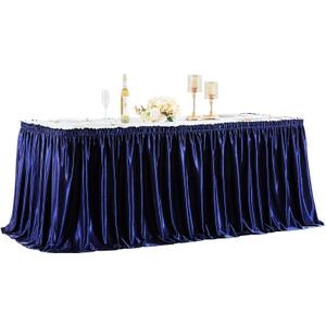 Wish Care 6ft Navy Blue Satin Table Skirt for Rectangle Tables Wrinkle Free Glitter Desk Skirts Pleated Ruffle Table Cloth for Wedding Birthday Baby Shower Party Banquet Cake Teacher Table Decorations