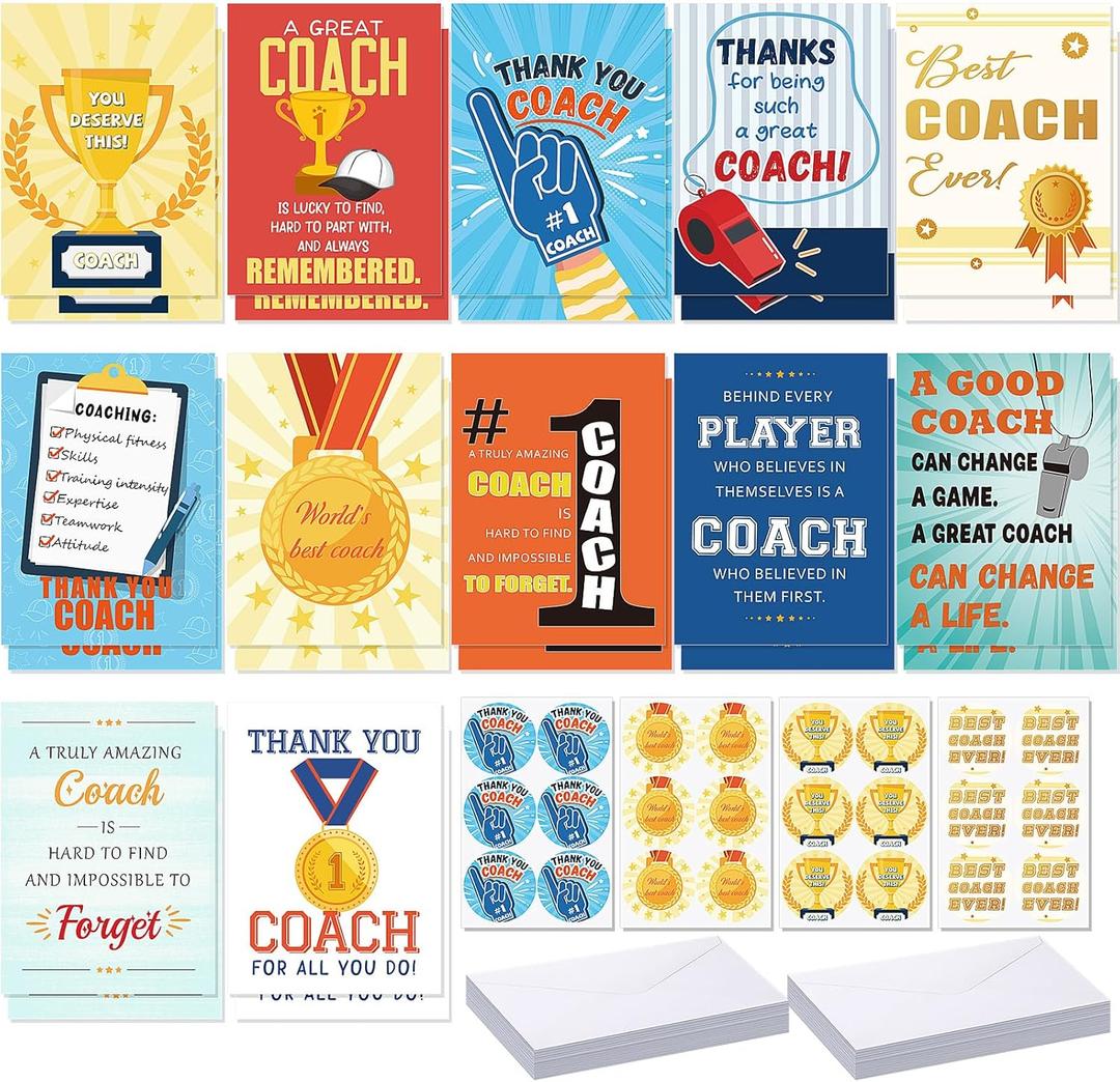 24 Sets Coach Thank You Cards with Envelopes Coach Gifts Thank You Card for Football Baseball Soccer Softball Basketball Teacher Appreciation Gifts