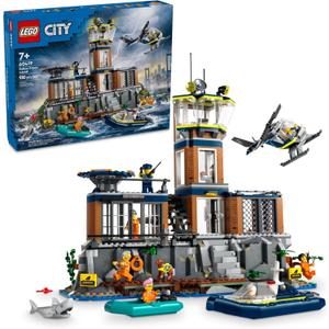 LEGO City Police Prison Island Toy Building Set, Birthday Gift for Boys and Girls Ages 7 Plus, Imaginative Play, Helicopter Toy, Boat Toy and Dinghy, 7 Minifigures with Dog and Shark Toy, 60419