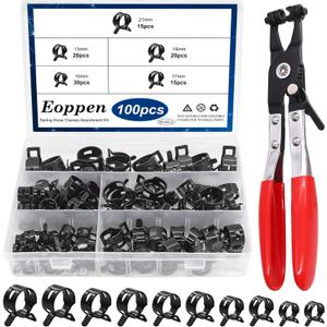100Pcs 10-21mm Spring Hose Clamps Assortment Kit with Swivel Flat Band Fuel Hose Clamp Plier - 5 Sizes Fuel Line Silicone Vacuum Hose Low Pressure Air Clamps
