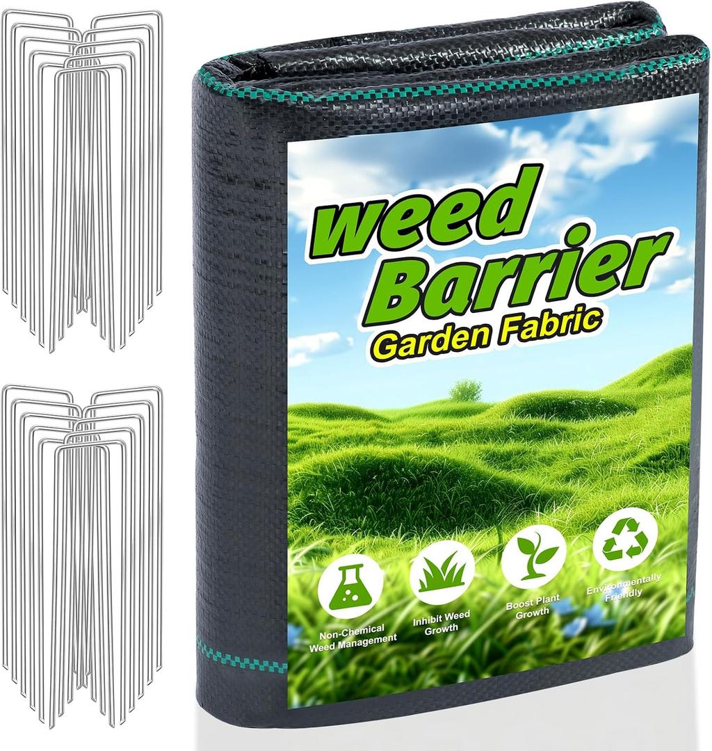 3FT x 50FT Weed Barrier Fabric Heavy Duty, 3.2oz Landscape Fabric with 20 U-Shaped Stakes of Garden Fabric Weed Barrier, Ground Cover for Gardening, Farming Landscaping Fabric