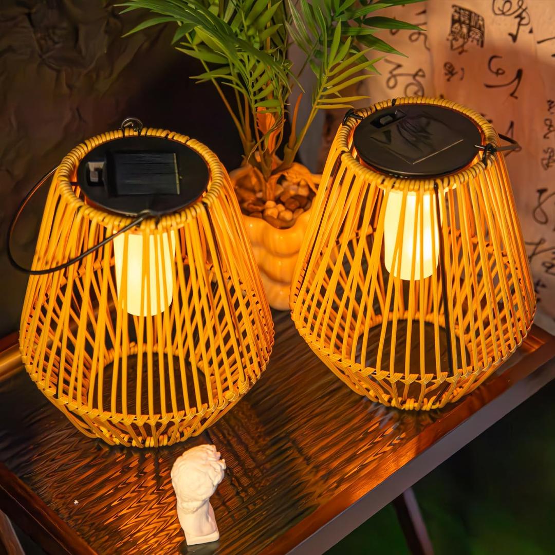 YAKii 2 Pack Solar Flame Lantern Hanging Waterproof Outdoor Handmade Solar Lamp with Dancing Flickering Flame Plastic Rattan Bohemian Style Decoration for Garden Yard Patio Porch Trees Pathway Decor