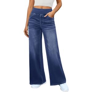 DLOODA Women's Wide Leg Jeans High Waisted Stretchy Denim Pants Elastic Waist Pull On Sweatpant Jeans Trendy Baggy Loose, L