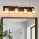 Vintage 4-Light Bathroom Vanity Light, Oil Rubbed Bronze Bathroom Light Fixtures with Floral Clear Glass Shades, Antique Wall Sconce Fixtures for Dressing Table, Bedroom