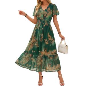 Simplee Womens Floral Boho Maxi Dress - Spring Summer Beach Church Formal Tea Party Dresses Casual Elegant Semi Formal Flowy Dress (Dark Green Floral M)