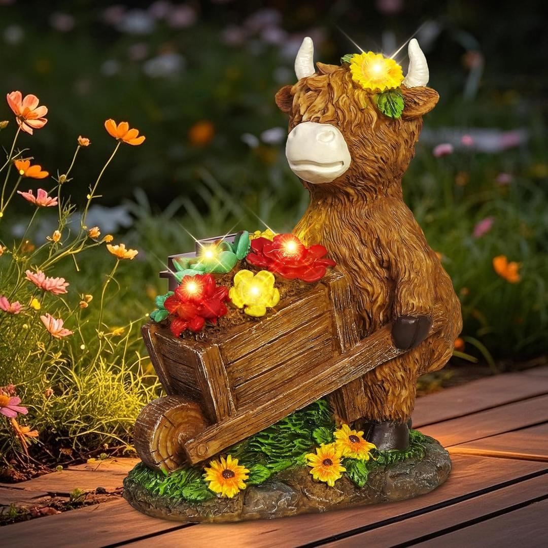 TEDOF Solar Highland Cow Statue with Flower Decor, Funny Outdoor Garden Ornament for Yard Patio Lawn, Birthday Gift for Women Mom