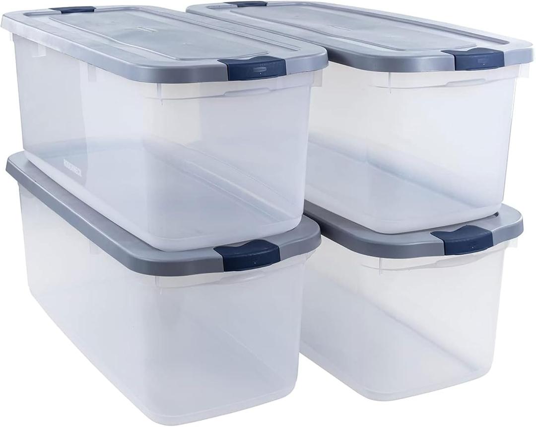 Rubbermaid Roughneck Clear 95 Qt/23.75 Gal Storage Containers, Pack of 4 with Latching Grey Lids, Visible Base, Sturdy and Stackable, Great for Storage and Organization (95 Qt - 4 Pack)