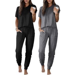 Ekouaer 2 pack Pajama Sets for Womens Jogger Pants Pjs Short Sleeves Lounge Set Soft Sleepwear with Pockets (Black, M)