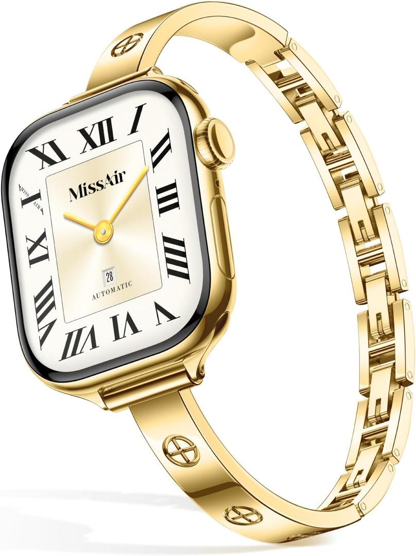 Missair Slim Bands Compatible with Apple Watch 38mm 40mm 41mm 42mm 44mm 45mm 46mm 49mm for Women, Thin Bracelet Dressy Designer Stainless Steel Metal Strap for iWatch Series 11 10 9 8 7 6 5 4 SE Ultra (Gold)