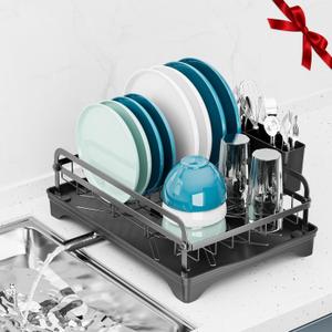 Dish Drying Rack Kitchen - Dish Racks for Kitchen Counter Space-Saving, Dish Drainer with Automatic Drain and Adjustable Spout, Dishwasher Rack with Cutlery Holder, 16.5" D x 11.6" W x 6.6" H (1 Tier - Black)