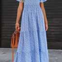 PRETTYGARDEN Women's 2026 Summer Casual Flutter Short Sleeve Boho Floral Maxi Dress Crew Neck Smocked Tiered Long Dresses (Blue, M)